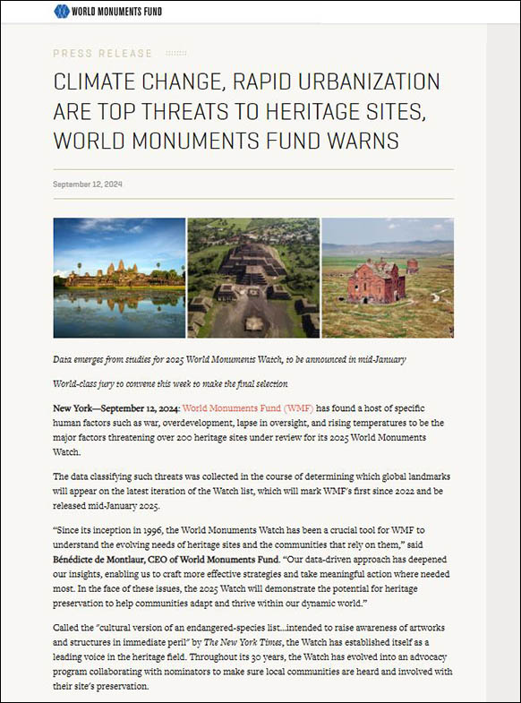 Climate Change, Rapid Urbanization are top threats to Heritage Sites, World Monuments Fund Warns